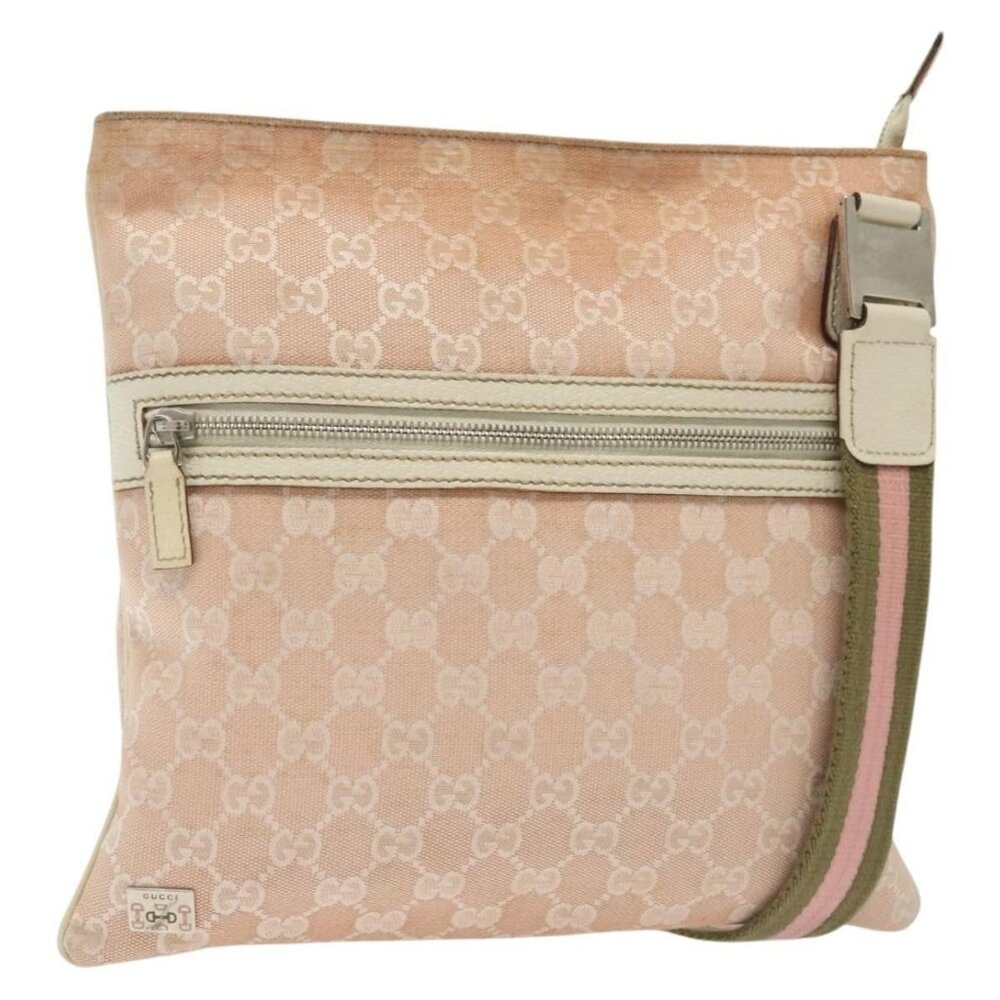 Authentic GUCCI GG Canvas Sherry Line Shoulder Bag Pink Silver khaki 145809